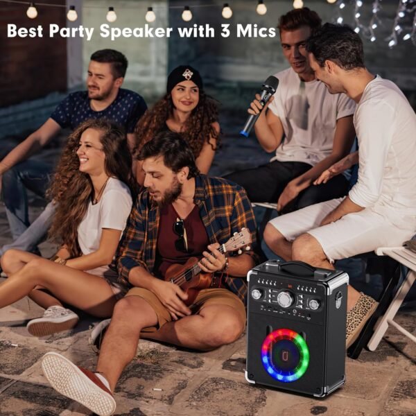 Karaoke Machine with 3 Wireless Microphones, Bluetooth Karaoke Speaker with 3 Mics for Adults/Kids, Portable PA System for Home Party with DJ Lights & Remote Contro, Support TWS/USB/TF Card/AUX/REC