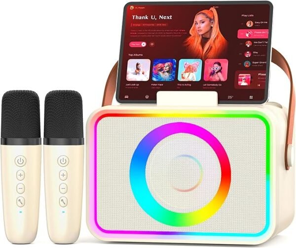 Karaoke Machine,Portable Bluetooth Speaker with 2 Wireless Microphone for Adults & Kids with LED Lights, Karaoke Microphone with PA System Supports USB/TF/AUX,Gift for Party (Black)