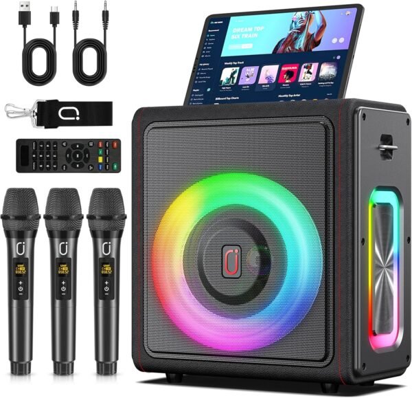 Karaoke Machine with 3 Wireless Mics | Bluetooth 5.3 Speaker with Echo Adjustment & Auto Pitch Correction | PA System with RGB Lights, Supports TV/TF Card/USB/AUX/Live/REC for Home Parties