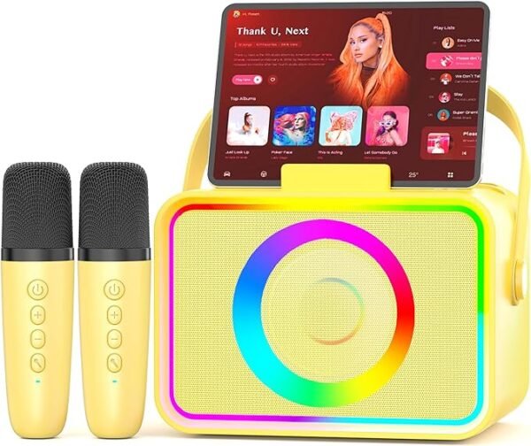 Karaoke Machine,Portable Bluetooth Speaker with 2 Wireless Microphone for Adults & Kids with LED Lights, Karaoke Microphone with PA System Supports USB/TF/AUX,Gift for Party (Black)