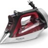 Rowenta Iron, Focus Excellence Stainless Steel Soleplate Steam Iron for Clothes, Retractable Cord, 400+ Microsteam Holes, Powerful steam, LED Display, 1750 W Ironing Clothes, Cordreel, Red