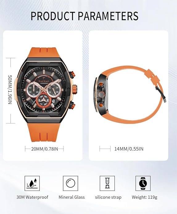Men's Watches with Silicone Strap Analog Quartz Waterproof Chronograph Luminous Tonneau Watches for Men, Big Face Sport Work Dress Unique Wrist Watch