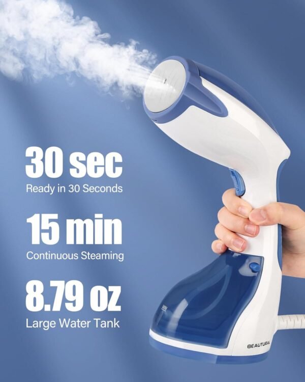 BEAUTURAL Steamer for Clothes, Portable Handheld Garment Fabric Wrinkles Remover, 30-Second Fast Heat-up, Auto-Off, Large Detachable Water Tank