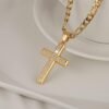 24K Gold-finish Solid CZ Cross Necklace for Men Women Stainless Steel Religion Jewelry with 24 Inch Figaro Chain