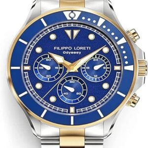 FILIPPO LORETI Odyssey - Wrist Watch Two Tone Gold Blue Dial Stainless Steel Link Bracelet 42 mm Wrist Watch for Men 100m Water Resistant Stainless Steel Case Japan Movement
