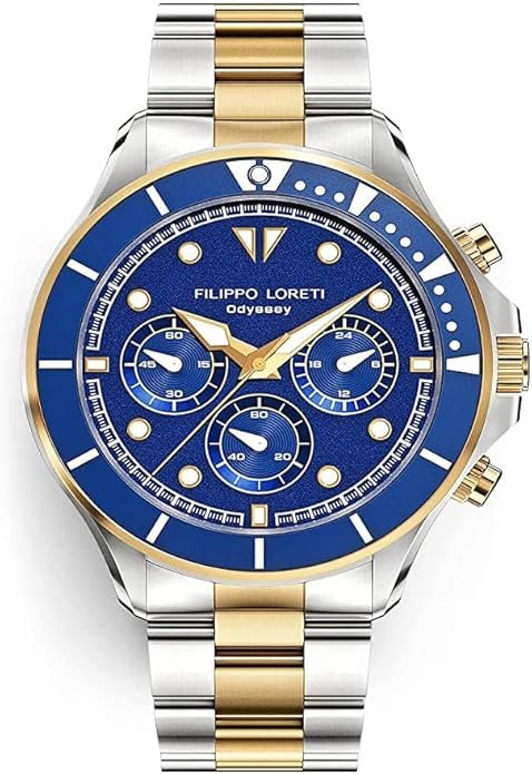 FILIPPO LORETI Odyssey - Wrist Watch Two Tone Gold Blue Dial Stainless Steel Link Bracelet 42 mm Wrist Watch for Men 100m Water Resistant Stainless Steel Case Japan Movement