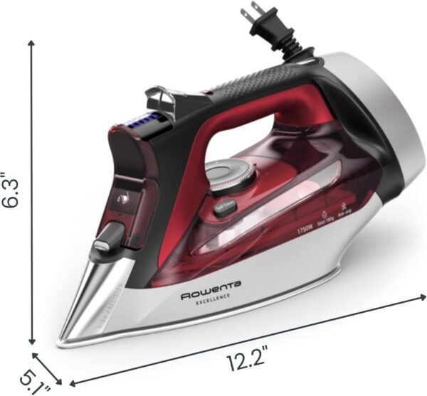Rowenta Iron, Focus Excellence Stainless Steel Soleplate Steam Iron for Clothes, Retractable Cord, 400+ Microsteam Holes, Powerful steam, LED Display, 1750 W Ironing Clothes, Cordreel, Red