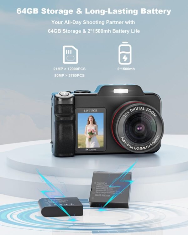 5K Digital Camera for Photography, 80MP 3.5"+2" Dual Screen for Self-Framing 18X Zoom Autofocus Vlogging Camera for YouTube/Content Creators/Travel, Includes 64GB Card + 2 Batteries & Flash