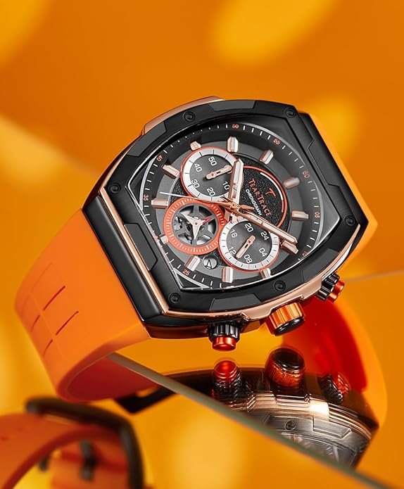 Men's Watches with Silicone Strap Analog Quartz Waterproof Chronograph Luminous Tonneau Watches for Men, Big Face Sport Work Dress Unique Wrist Watch