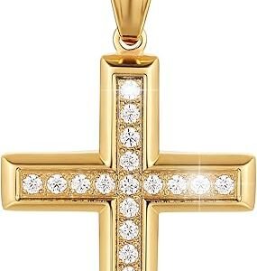 24K Gold-finish Solid CZ Cross Necklace for Men Women Stainless Steel Religion Jewelry with 24 Inch Figaro Chain