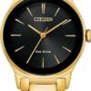 Citizen Ladies Eco-Drive Axiom Moden Eco, Gold-Tone Stainless Steel Bracelet Watch, Black Dial (Model