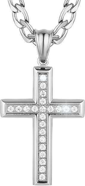 24K Gold-finish Solid CZ Cross Necklace for Men Women Stainless Steel Religion Jewelry with 24 Inch Figaro Chain