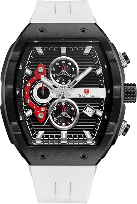 Men's Watches with Silicone Strap Analog Quartz Waterproof Chronograph Luminous Tonneau Watches for Men, Big Face Sport Work Dress Unique Wrist Watch