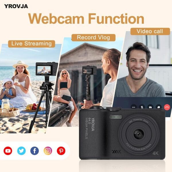 4K Digital Camera for Photography and Video, 2025 Latest 64MP Vlogging Camera for YouTube with 32G TF Card 180°Flip Screen Compact Travel Camera 16X Zoom, Anti-Shake,Suitable for Beginners, Black