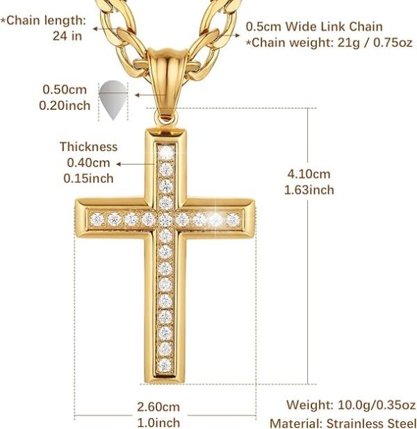 24K Gold-finish Solid CZ Cross Necklace for Men Women Stainless Steel Religion Jewelry with 24 Inch Figaro Chain