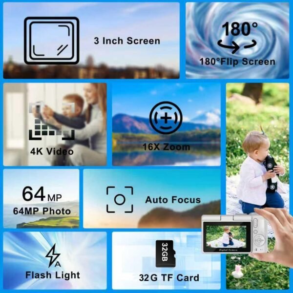 4K Digital Camera for Photography and Video, 2025 Latest 64MP Vlogging Camera for YouTube with 32G TF Card 180°Flip Screen Compact Travel Camera 16X Zoom, Anti-Shake,Suitable for Beginners, White