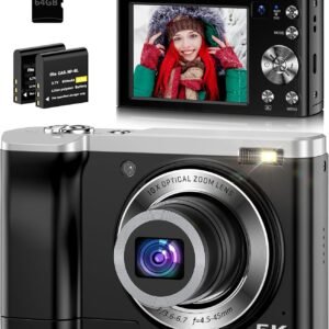 5K Digital Camera, 56MP Cameras for Photography with 10X Optical Zoom, Autofocus Vlogging Camera with 2.8" IPS Touch Screen, Compact Travel Cameras for Teens Adult Beginner, 64GB Card & 2 Batteries
