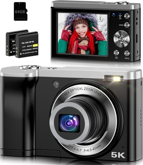 5K Digital Camera, 56MP Cameras for Photography with 10X Optical Zoom, Autofocus Vlogging Camera with 2.8" IPS Touch Screen, Compact Travel Cameras for Teens Adult Beginner, 64GB Card & 2 Batteries