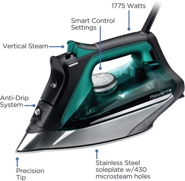 Rowenta Pro Master Stainless Steel Soleplate Steam Iron for Clothes, 210 g/min, 400 Microsteam Holes, Cotton, Wool, Poly, Silk, Linen, Nylon, 1775 Watts Iron Steamer for Clothes, Powerful Steam