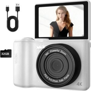 4K Digital Camera for Photography and Video, 2025 Latest 64MP Vlogging Camera for YouTube with 32G TF Card 180°Flip Screen Compact Travel Camera 16X Zoom, Anti-Shake,Suitable for Beginners, White