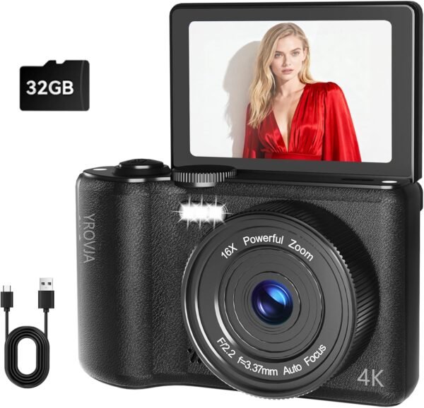 4K Digital Camera for Photography and Video, 2025 Latest 64MP Vlogging Camera for YouTube with 32G TF Card 180°Flip Screen Compact Travel Camera 16X Zoom, Anti-Shake,Suitable for Beginners, Black