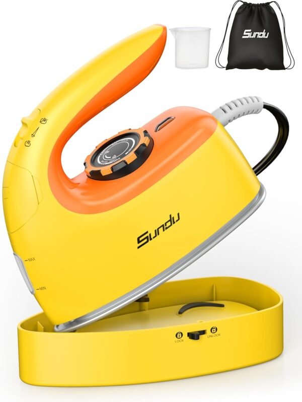 Sundu Mini Travel Iron with Steam,1000W Portable Non-Stick Soleplate Steam Samll Iron for Quilting & Sewing,300 Microsteam Holes,90ml water tank,lockable safety base,Digital Temperature Control-Yellow
