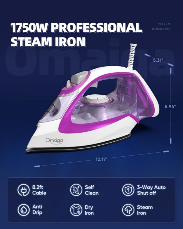 Steam Iron for Clothes, 1750W Iron with Rapid Heating, Non-Stick Ceramic Soleplate, Powerful Steam, Self-Cleaning, Auto-Off, Anti-Drip, 15.21oz Water Tank Ironing Clothes for Home, Purple