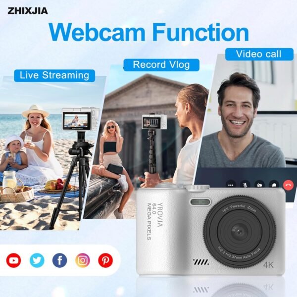 4K Digital Camera for Photography and Video, 2025 Latest 64MP Vlogging Camera for YouTube with 32G TF Card 180°Flip Screen Compact Travel Camera 16X Zoom, Anti-Shake,Suitable for Beginners, White