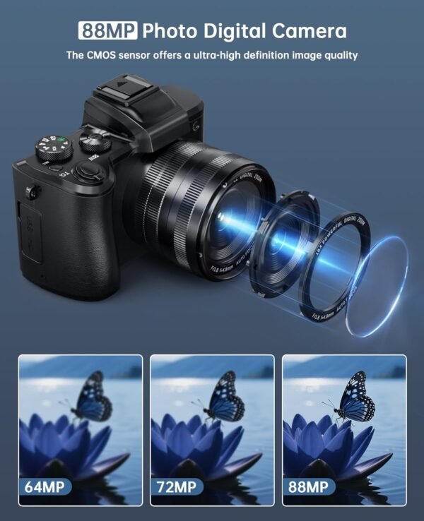 8K Digital Cameras for Photography - Autofocus 88MP WiFi Profession Camera with Dual-Lens - 16X Digital Zoom Photography Camera for YouTube with Lens Hood, Touch Screen, 2 Batteries & Charging Stand