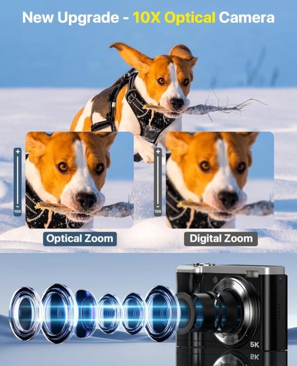 5K Digital Camera, 56MP Cameras for Photography with 10X Optical Zoom, Autofocus Vlogging Camera with 2.8" IPS Touch Screen, Compact Travel Cameras for Teens Adult Beginner, 64GB Card & 2 Batteries