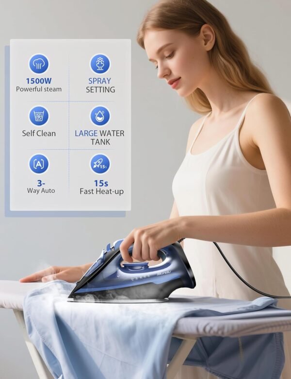 Sundu Steam Iron for Clothes with Rapid Heating Ceramic Coated Soleplate, 1500W with Precise Thermostat Dial, Self-Cleaning, Auto-Off, 15.21oz Water Tank for Home Clothes Ironing Use