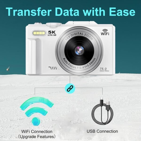 5K Digital Camera for Photography - 75MP WiFi Vlogging Camera for YouTube - UHD 18X Zoom Digital Cameras with Flip Screen 3" 180° - Travel Flash Camara for Beginners & Adults