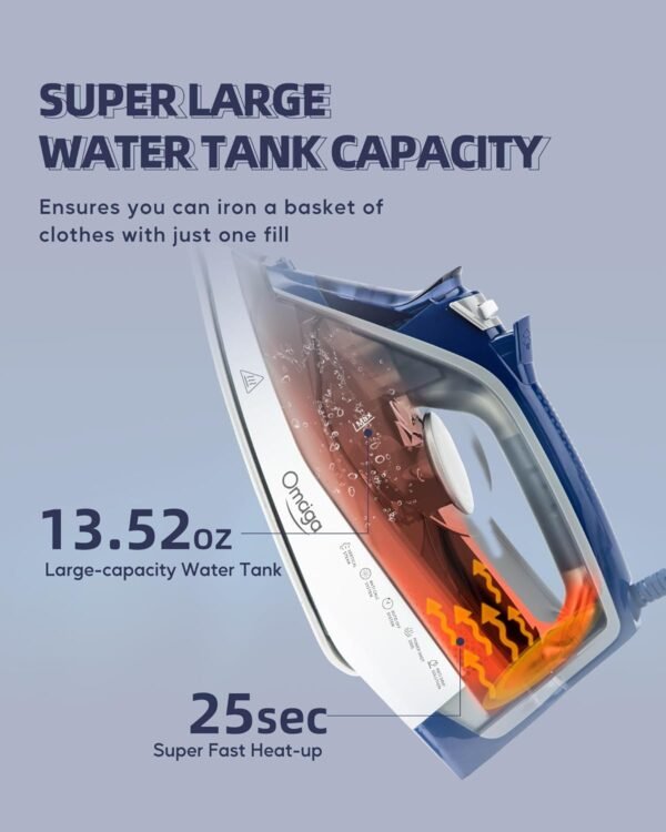 Steam Iron for clothes - 1750W Clothes Iron with Non-Stick Ceramic Soleplate, Powful Steam, 3-Way Auto-Off, Self-Cleaning, Anti-Calc, 13.52oz Water Tank Ironing Clothes for Home