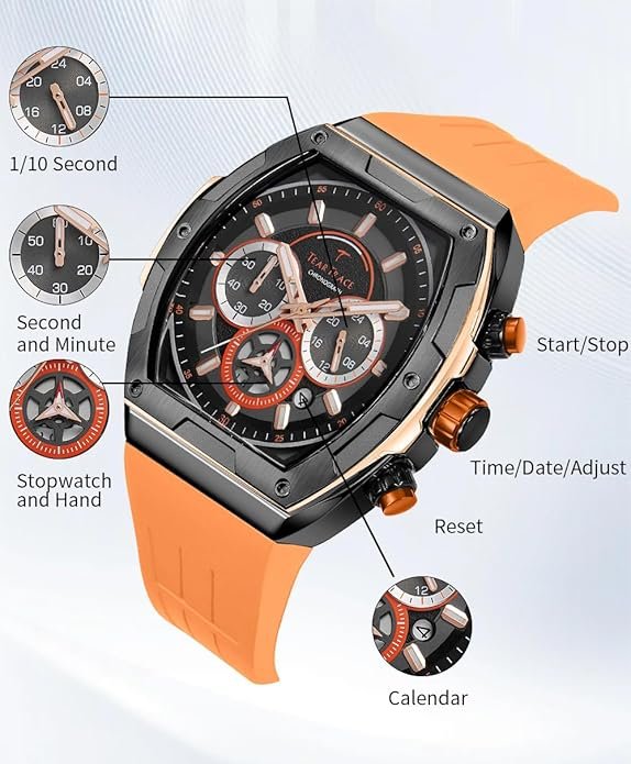 Men's Watches with Silicone Strap Analog Quartz Waterproof Chronograph Luminous Tonneau Watches for Men, Big Face Sport Work Dress Unique Wrist Watch