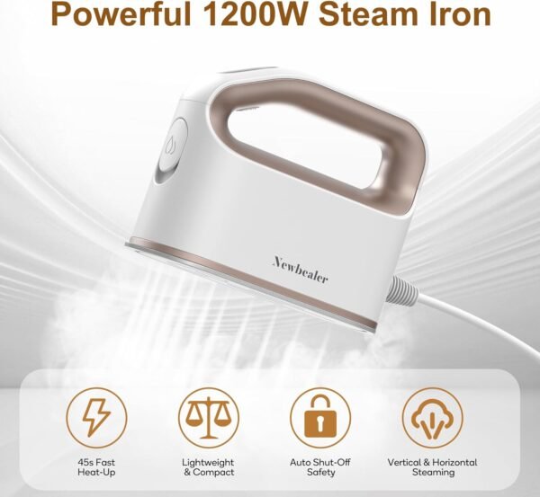 71QGrM6LgBL._AC_SL1500_ Newbealer Smart Steam Iron for Clothes - 1200W Professional-Grade Turbocharged 3 Steam & 3 Dry Heat Modes, 45s Heat-Up, 6oz Tank, Auto-Off, Nonstick Ceramic Soleplate for Home, RV & Hotel (Gold)