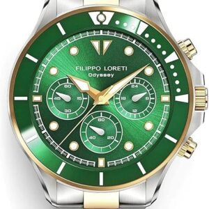 FILIPPO LORETI | Odyssey - Watches for Men, Men's Watch - Green Dial & Bezel, 42mm Two-Tone Silver/Gold SST Case & Bracelet, 100M Water Resistance - Chronograph