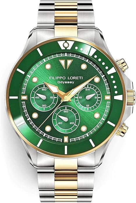 FILIPPO LORETI | Odyssey - Watches for Men, Men's Watch - Green Dial & Bezel, 42mm Two-Tone Silver/Gold SST Case & Bracelet, 100M Water Resistance - Chronograph