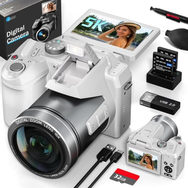 64MP Professional Digital Camera for Photography Autofocus, 5K Vlogging Camera for YouTube,16X Anti-Shake Compact Travel Camera with WiFi & App Control, Flash,SD Card, 2 Batteries (White)