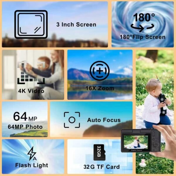 4K Digital Camera for Photography and Video, 2025 Latest 64MP Vlogging Camera for YouTube with 32G TF Card 180°Flip Screen Compact Travel Camera 16X Zoom, Anti-Shake,Suitable for Beginners, Black