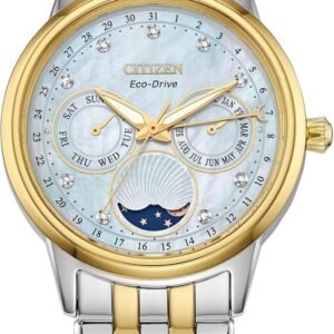 Citizen Women's Eco-Drive Calendrier, Moon Phase Diamond Accents Dial, Stainless Case and Bracelet Watch, Month/Day/Date