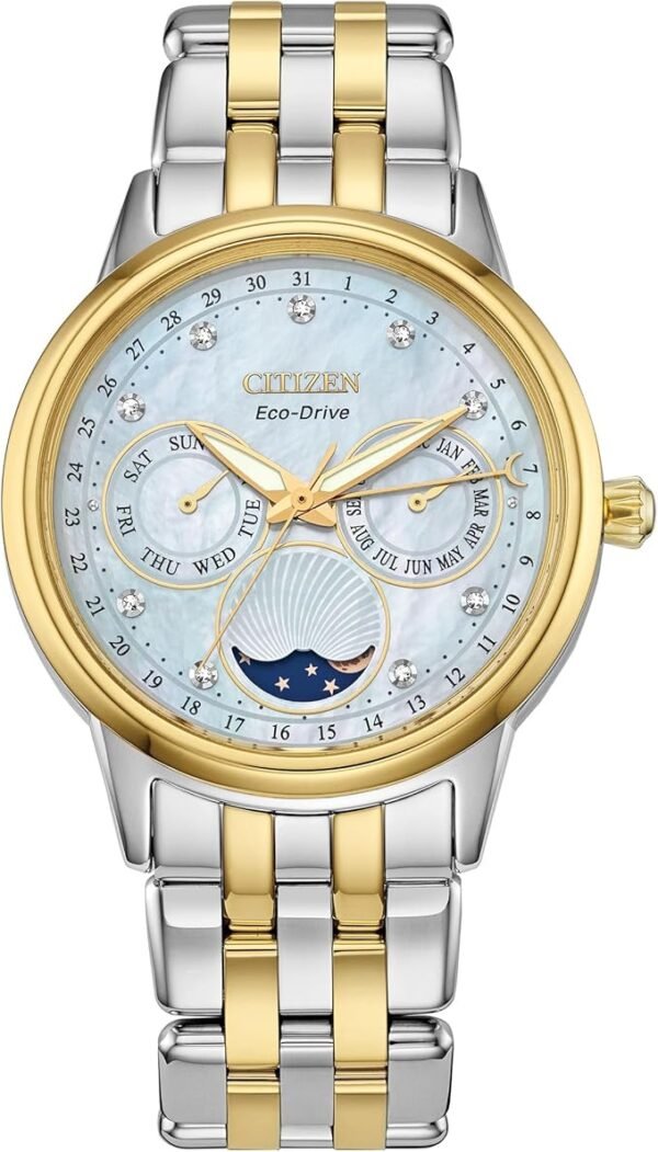 Citizen Women's Eco-Drive Calendrier, Moon Phase Diamond Accents Dial, Stainless Case and Bracelet Watch, Month/Day/Date