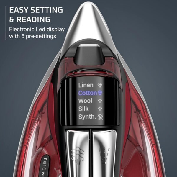 Rowenta Iron, Focus Excellence Stainless Steel Soleplate Steam Iron for Clothes, Retractable Cord, 400+ Microsteam Holes, Powerful steam, LED Display, 1750 W Ironing Clothes, Cordreel, Red