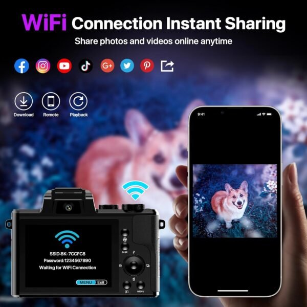 8K Digital Cameras for Photography with WiFi,Autofocus 88MP Vlogging Camera for YouTube with Dual-Lens,16X Digital Zoom Point and Shoot Camera,3.2''Touch Screen, Anti-Shake,2 Batteries &Charging Stand