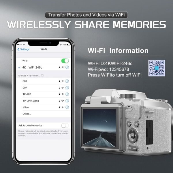 64MP Professional Digital Camera for Photography Autofocus, 5K Vlogging Camera for YouTube,16X Anti-Shake Compact Travel Camera with WiFi & App Control, Flash,SD Card, 2 Batteries (White)
