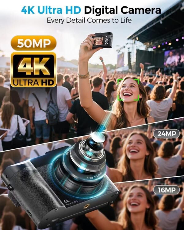 4K Digital Camera for Photography- 50MP Autofocus Vlogging Camera with 2.8" 180° Flip Screen, 16X Digital Zoom- Compact Point and Shoot Camera with 64GB SD for YouTube, Travel, Beginners