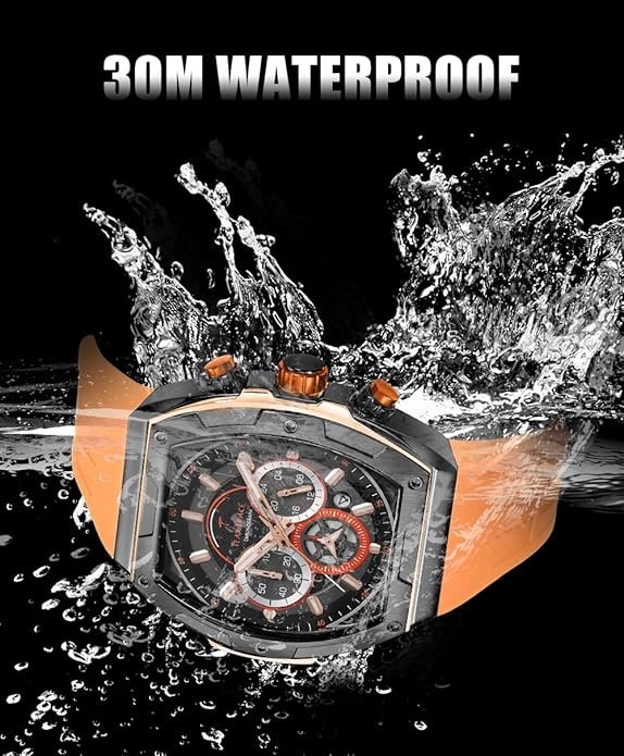 Men's Watches with Silicone Strap Analog Quartz Waterproof Chronograph Luminous Tonneau Watches for Men, Big Face Sport Work Dress Unique Wrist Watch