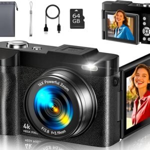 4K Digital Camera for Photography- 50MP Autofocus Vlogging Camera with 2.8" 180° Flip Screen, 16X Digital Zoom- Compact Point and Shoot Camera with 64GB SD for YouTube, Travel, Beginners