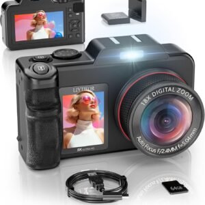 5K Digital Camera for Photography, 80MP 3.5"+2" Dual Screen for Self-Framing 18X Zoom Autofocus Vlogging Camera for YouTube/Content Creators/Travel, Includes 64GB Card + 2 Batteries & Flash