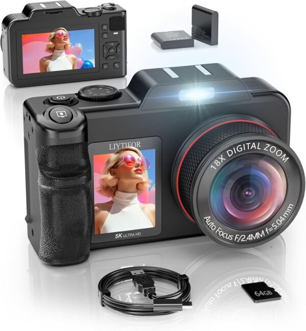 5K Digital Camera for Photography, 80MP 3.5"+2" Dual Screen for Self-Framing 18X Zoom Autofocus Vlogging Camera for YouTube/Content Creators/Travel, Includes 64GB Card + 2 Batteries & Flash