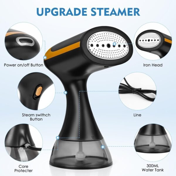 Steamer for Clothes, 1500W 300ml Water Tank 25s Quick Heat Portable Hand Held Clothes Garment Steamer for Home Travel (Black)